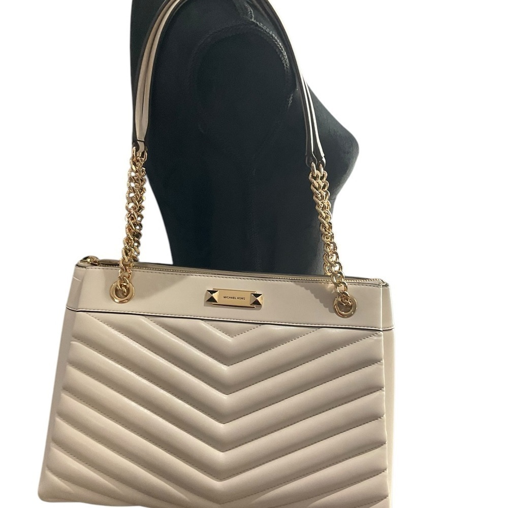 Michael Kors Whitney Light Cream Quilted Leather Medium Chain Shoulder Tote